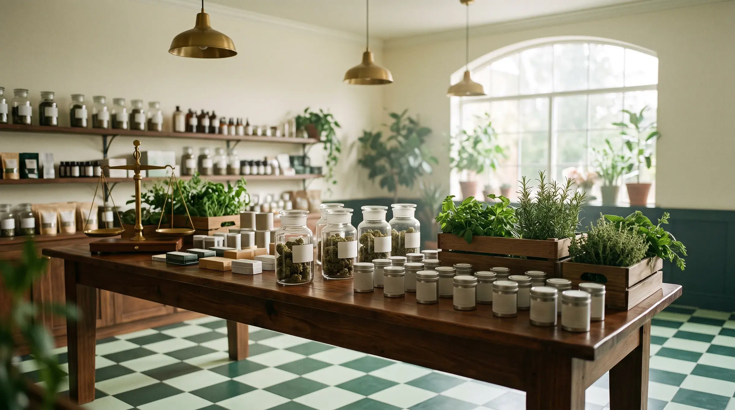 The market counter with glass jars of flower and a brass scale